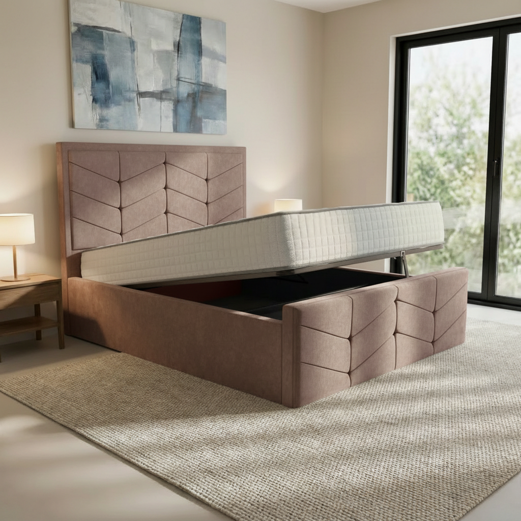 York Upholstered Ottoman Bed - Mauve Naples